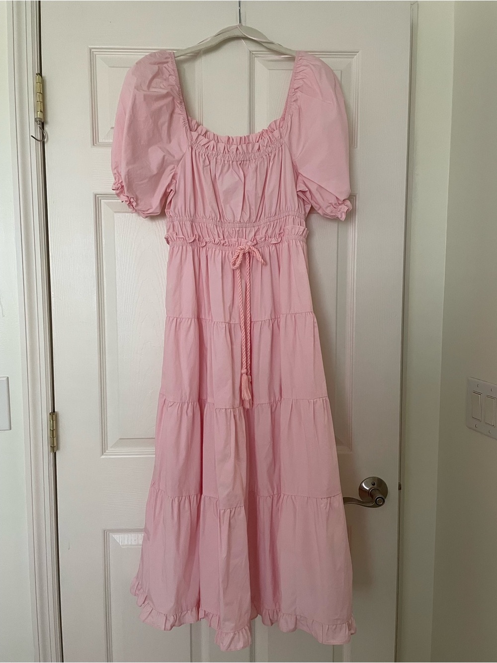 Pink Puff Sleeve Tiered Midi Dress